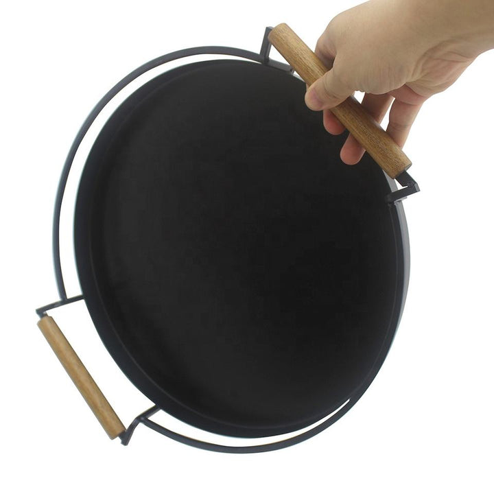 Wood Handle Non-Stick Indoor BBQ Grill Pan for Gas Stove Carbon Steel Camping Grill Pan with Grid Kitchen Accessory