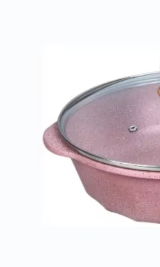 Modern French Style 28cm Pink Deep Fry Pan with Bakelite Handle Compound Bottom with Black and White Dot