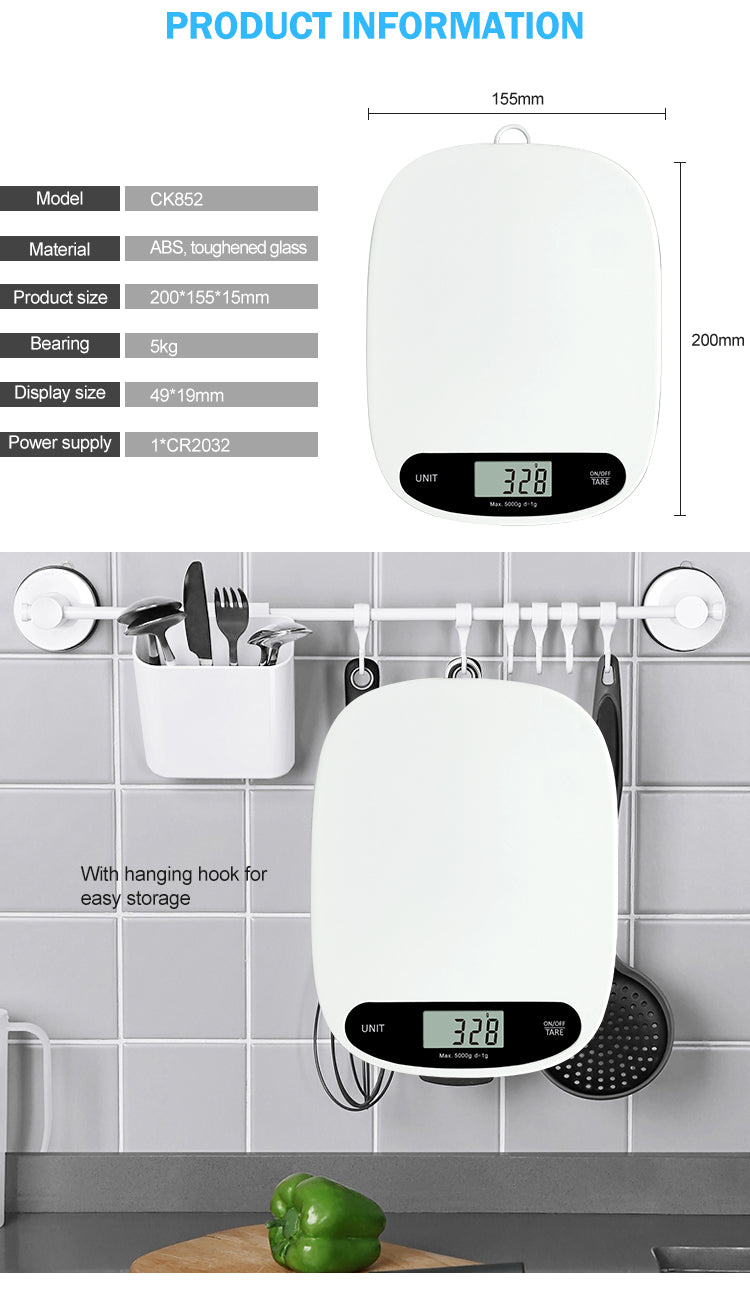 White ABS Plastic Platform Scale Digital Weighing Food Kitchen Scale With Bowl Removable 5kg 11llb