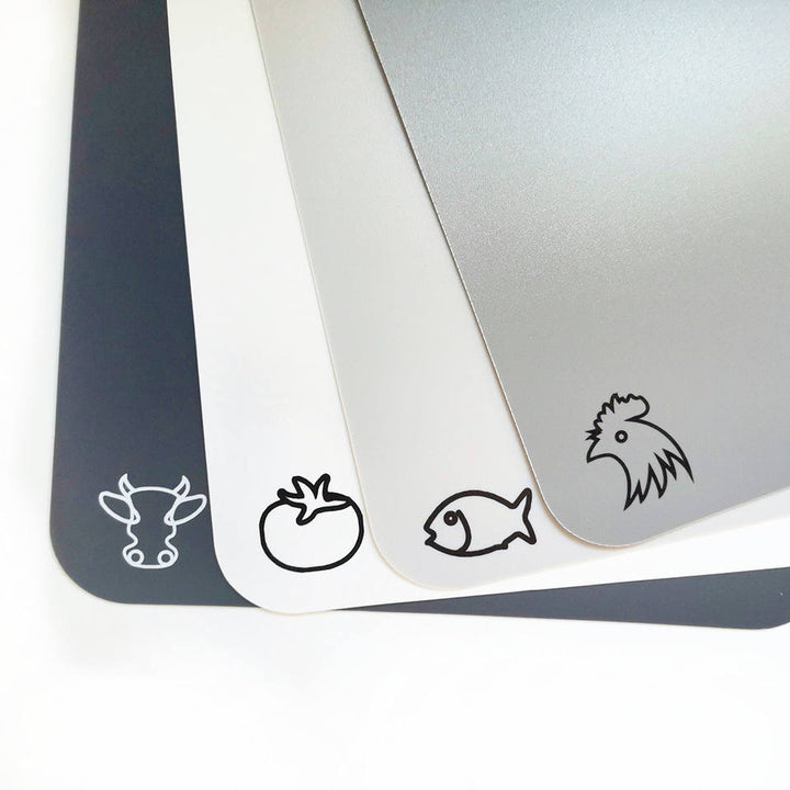 Plastic Cutting Board Flexible Mats With Food Icons, Set of 4, BPA-Free, Non-Porous, Upgrade 100% Anti-skid back and Dishwasher Safe, Modern Neutral Colors