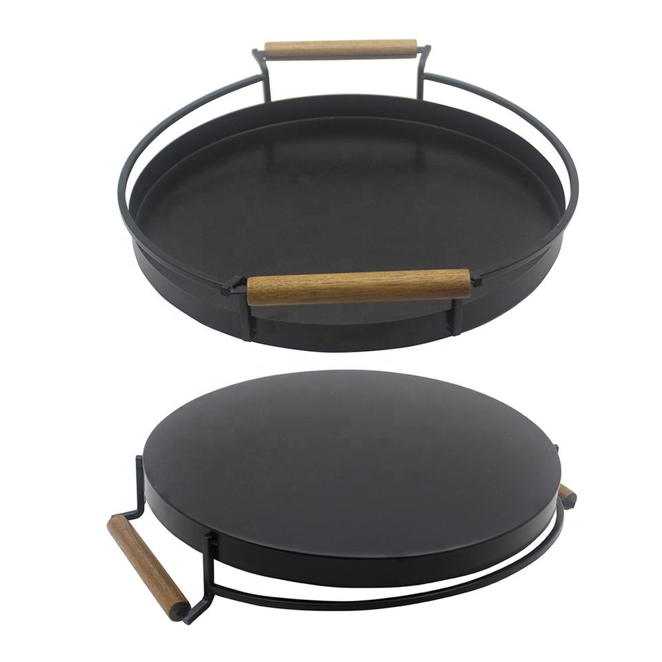 Wood Handle Non-Stick Indoor BBQ Grill Pan for Gas Stove Carbon Steel Camping Grill Pan with Grid Kitchen Accessory
