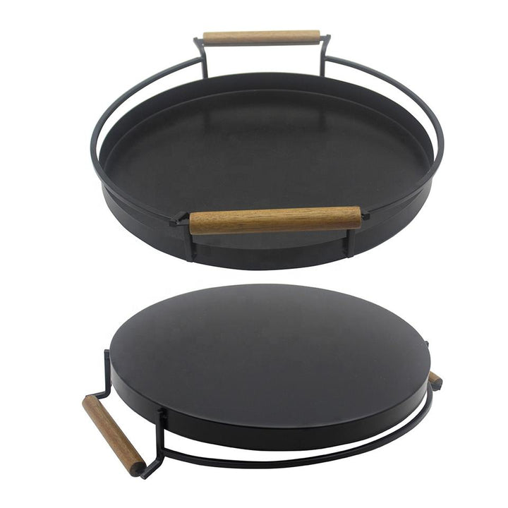 Wood Handle Non-Stick Indoor BBQ Grill Pan for Gas Stove Carbon Steel Camping Grill Pan with Grid Kitchen Accessory