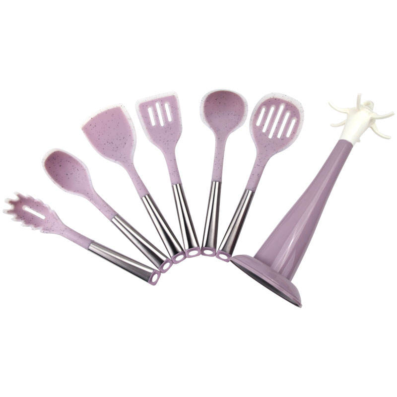 7-Piece Silicone Non-Stick Kitchenware Set Stainless Steel Handle Cooking Spoon Shovel and Ladle Household Kitchenware