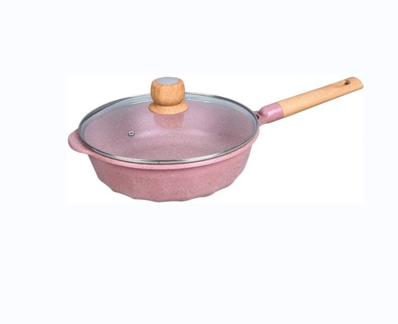 Modern French Style 28cm Pink Deep Fry Pan with Bakelite Handle Compound Bottom with Black and White Dot