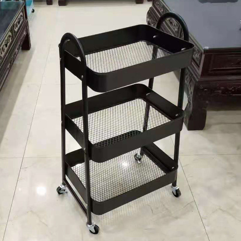 3 Tier Metal Rolling Cart with Handle and Lockable Wheel, Multifunctional Utility Cart on Wheel, Heavy Duty Storage Cart with Handle(Black)