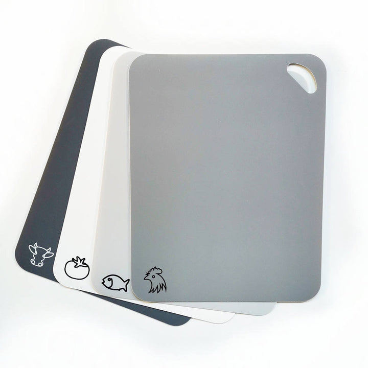 Plastic Cutting Board Flexible Mats With Food Icons, Set of 4, BPA-Free, Non-Porous, Upgrade 100% Anti-skid back and Dishwasher Safe, Modern Neutral Colors