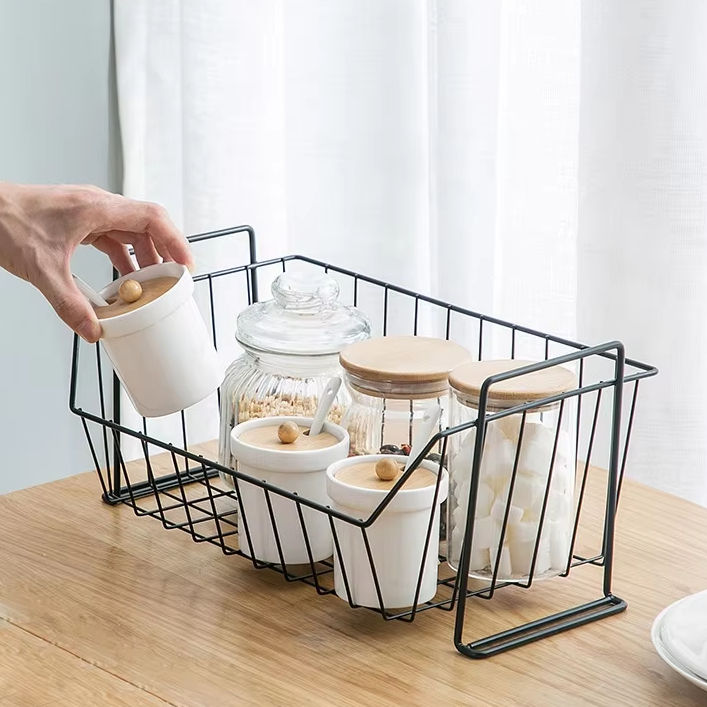 Storage Kitchen Rack Simple Wrought Iron Basket Desktop Wardrobe Clothes Storage Frame for Kitchen Organization(Black)