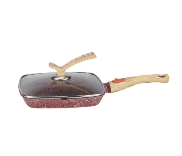 Classic Kitchen 24cm Square Frypan with Removable Handle & Long Strip Metal Cover Dotted Black White Design(Red)