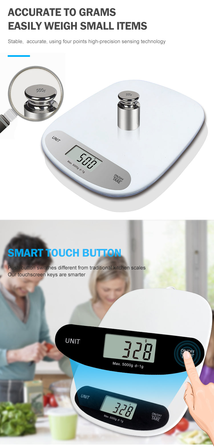 White ABS Plastic Platform Scale Digital Weighing Food Kitchen Scale With Bowl Removable 5kg 11llb