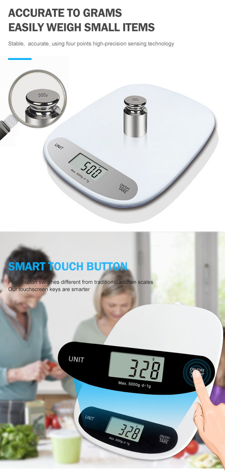White ABS Plastic Platform Scale Digital Weighing Food Kitchen Scale With Bowl Removable 5kg 11llb
