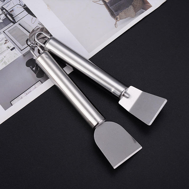 2PCS Stainless Steel Small Cleaning Spatula Multifunctional Kitchen Household Gadgets Refrigerator Defrosting Ice Scoop Round Handle Grease Spatula For Oven Stove Scraper