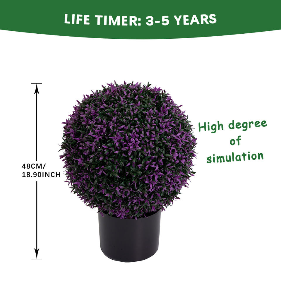 New Design Mixed Grass Faux Shrubs Potted Plant Topiary Artificial Boxwood Ball Tree for Home Decor(Purple)