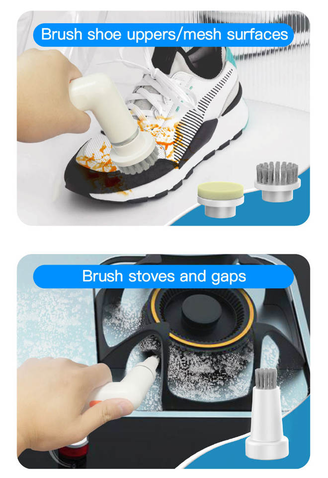 Cordless Shower Scrub, Electric Bath Scrub Rechargeable Powerful Engine with 4 Replaceable Heads for Kitchen Tiles Bathtub (White)