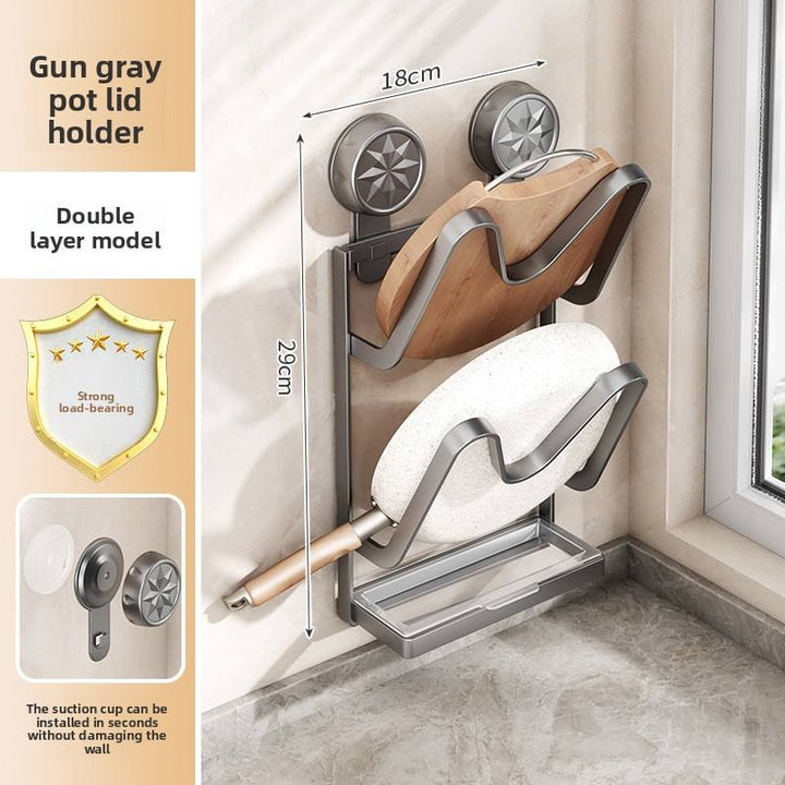 Multi-Functional Carbon Steel Kitchen Storage Rack No-Drill Wall-Mounted Suction Cup Holder for Pot Lids Cutting Chopstick