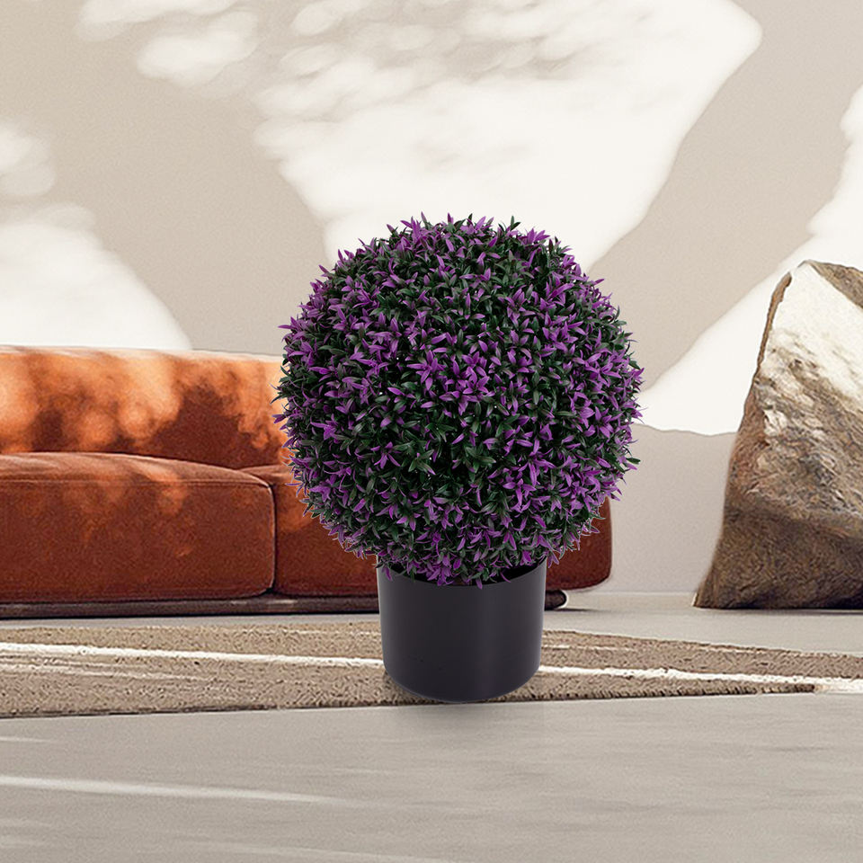 New Design Mixed Grass Faux Shrubs Potted Plant Topiary Artificial Boxwood Ball Tree for Home Decor(Purple)