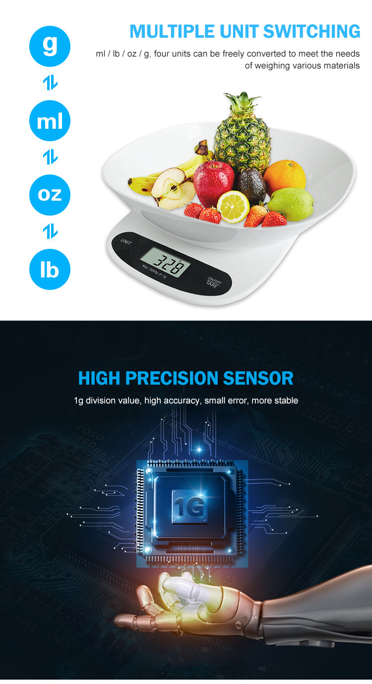White ABS Plastic Platform Scale Digital Weighing Food Kitchen Scale With Bowl Removable 5kg 11llb