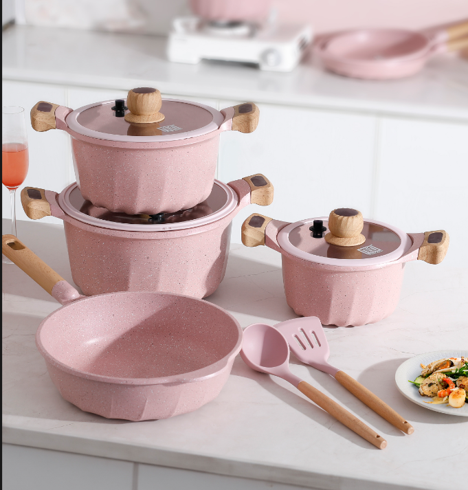 Modern French Style 28cm Pink Deep Fry Pan with Bakelite Handle Compound Bottom with Black and White Dot