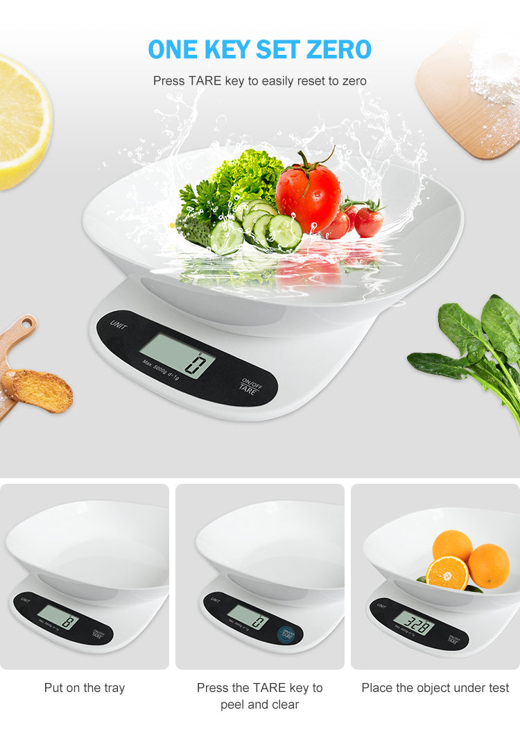 White ABS Plastic Platform Scale Digital Weighing Food Kitchen Scale With Bowl Removable 5kg 11llb