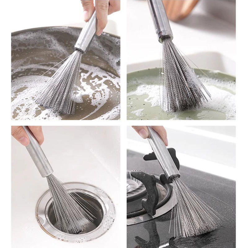 Multi-Functional Stainless Steel Kitchen Cleaning Brush Long Handle Dishwasher Safe Pot Tool