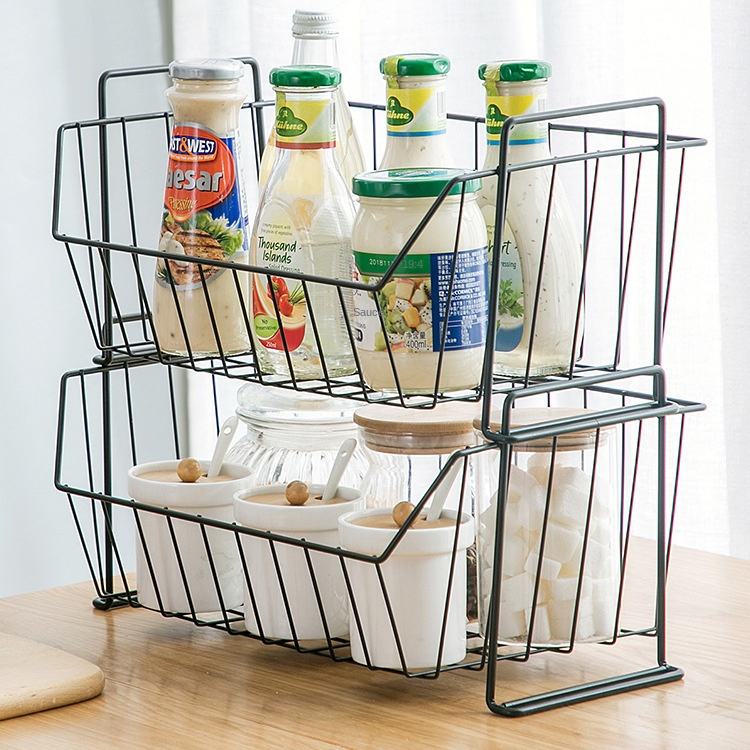 Storage Kitchen Rack Simple Wrought Iron Basket Desktop Wardrobe Clothes Storage Frame for Kitchen Organization(Black)
