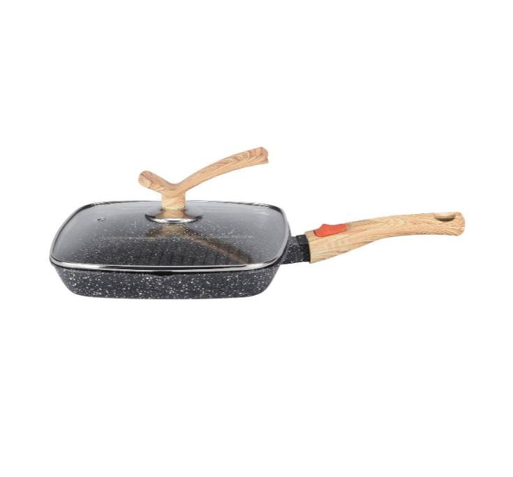 Classic Kitchen 24cm Square Frypan with Removable Handle & Long Strip Metal Cover Dotted Black White Design(Black)