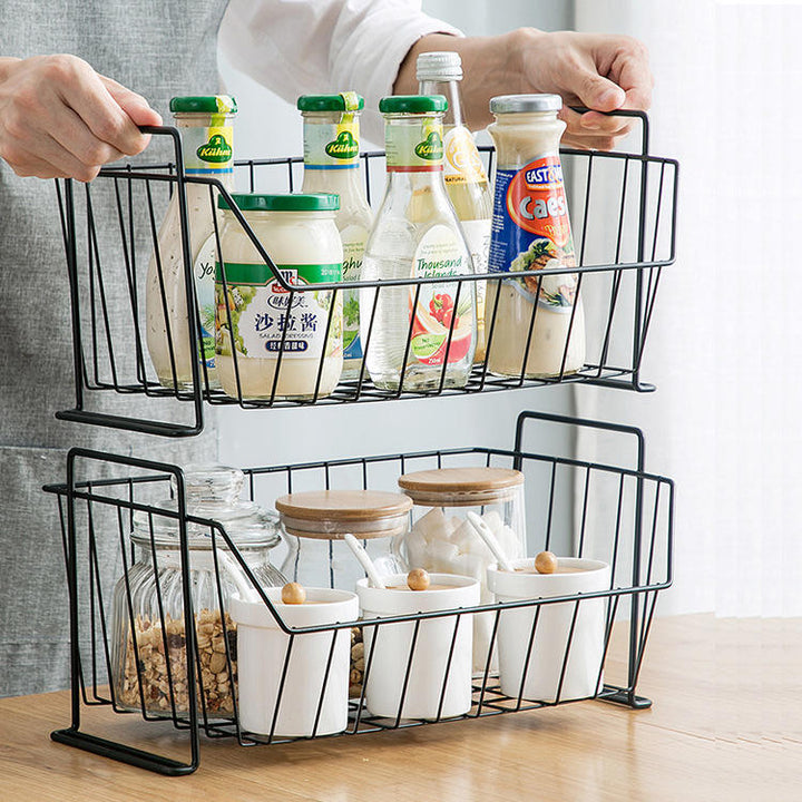 Storage Kitchen Rack Simple Wrought Iron Basket Desktop Wardrobe Clothes Storage Frame for Kitchen Organization(Black)