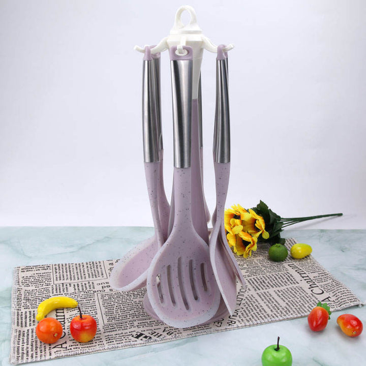 7-Piece Silicone Non-Stick Kitchenware Set Stainless Steel Handle Cooking Spoon Shovel and Ladle Household Kitchenware