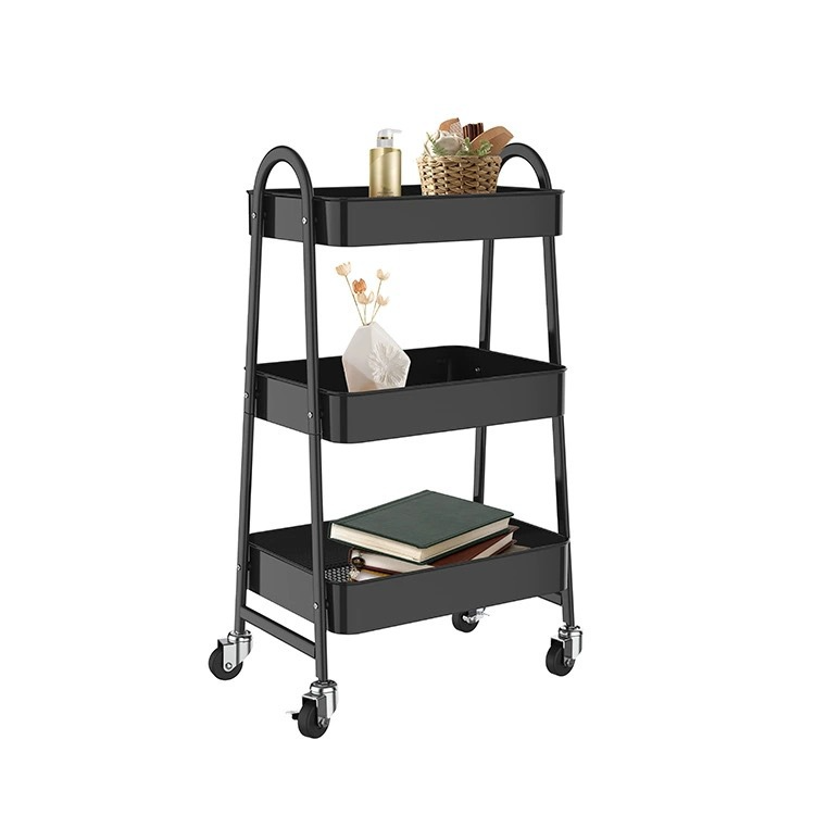 3 Tier Metal Rolling Cart with Handle and Lockable Wheel, Multifunctional Utility Cart on Wheel, Heavy Duty Storage Cart with Handle(Black)