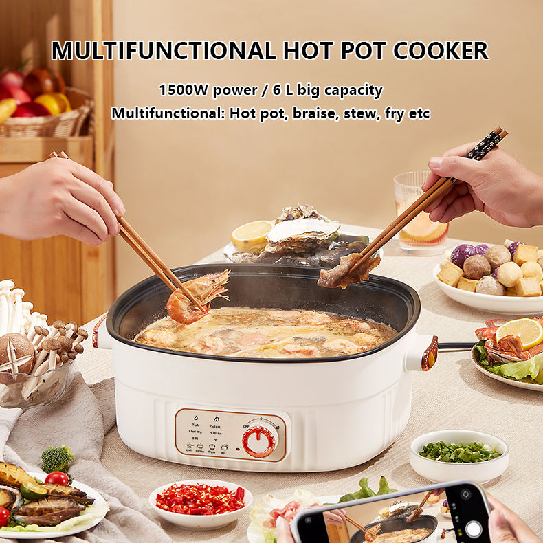6L Hot Pot Cooker Soup Cooker Nonstick Coating Mechanical Knob Control Electric Multifunctional Cooker