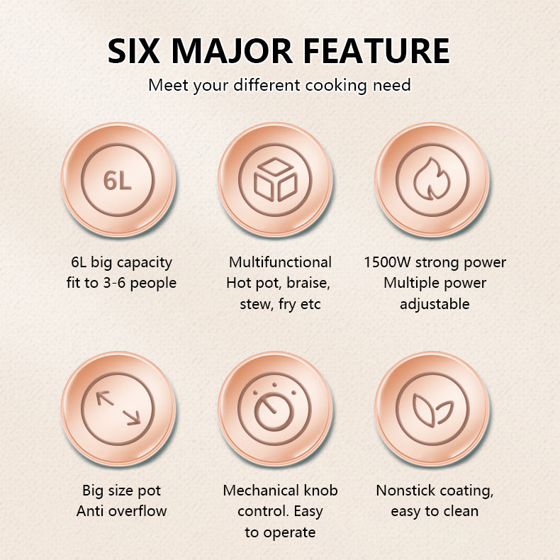 6L Hot Pot Cooker Soup Cooker Nonstick Coating Mechanical Knob Control Electric Multifunctional Cooker