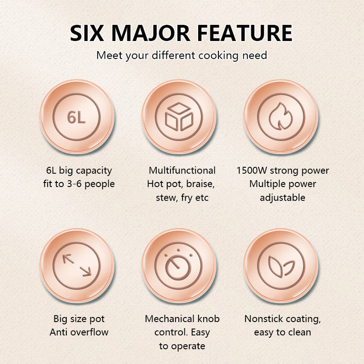 6L Hot Pot Cooker Soup Cooker Nonstick Coating Mechanical Knob Control Electric Multifunctional Cooker