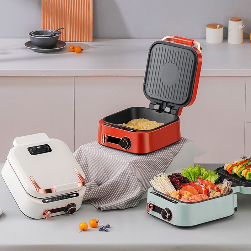 Kitchen Multifunction Electric Cooker – 7-in-1 Electric Griddle with Non-Stick Coating, Smokeless Grill for Frying, Baking, Boiling, Hot Pot & Steaming, Dual-Zone Temperature Control, Foldable Design for Easy Storage (Pale green, Beige, Red)