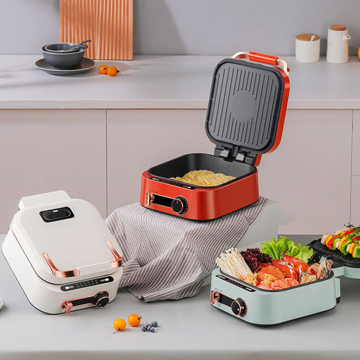 Kitchen Multifunction Electric Cooker – 7-in-1 Electric Griddle with Non-Stick Coating, Smokeless Grill for Frying, Baking, Boiling, Hot Pot & Steaming, Dual-Zone Temperature Control, Foldable Design for Easy Storage (Pale green, Beige, Red)