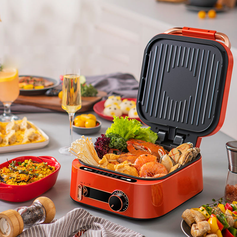 Kitchen Multifunction Electric Cooker – 7-in-1 Electric Griddle with Non-Stick Coating, Smokeless Grill for Frying, Baking, Boiling, Hot Pot & Steaming, Dual-Zone Temperature Control, Foldable Design for Easy Storage (Pale green, Beige, Red)