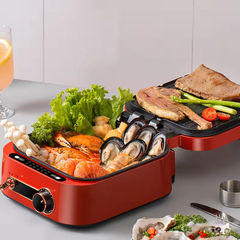 Kitchen Multifunction Electric Cooker – 7-in-1 Electric Griddle with Non-Stick Coating, Smokeless Grill for Frying, Baking, Boiling, Hot Pot & Steaming, Dual-Zone Temperature Control, Foldable Design for Easy Storage (Pale green, Beige, Red)