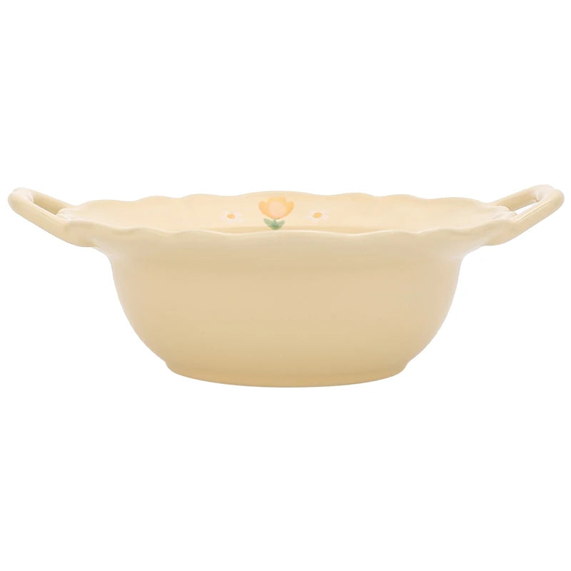 French Style 8.5-Inch Spaghetti Ceramic Bowl – Daily Use Cute Solid Color Bowl with Flower Pattern, Ideal for Restaurant, Fruit, and Breakfast Tableware