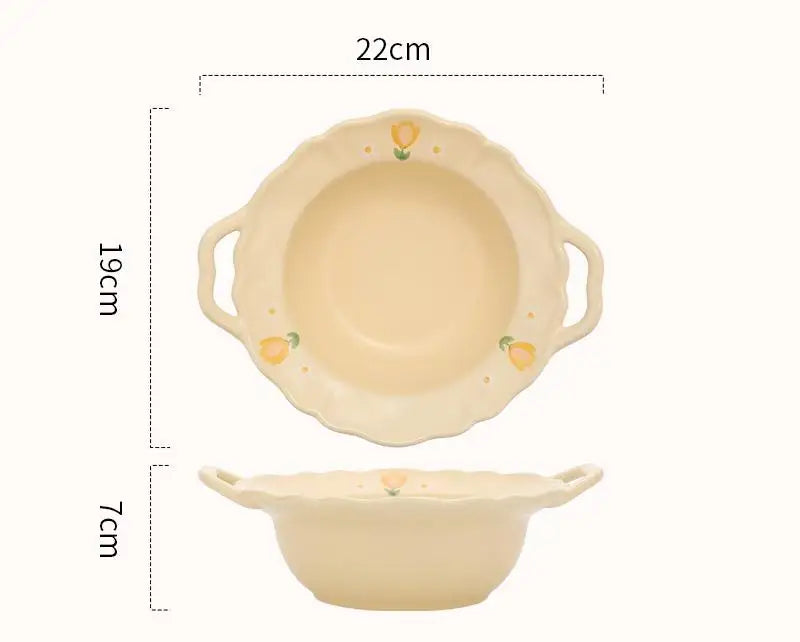 French Style 8.5-Inch Spaghetti Ceramic Bowl – Daily Use Cute Solid Color Bowl with Flower Pattern, Ideal for Restaurant, Fruit, and Breakfast Tableware