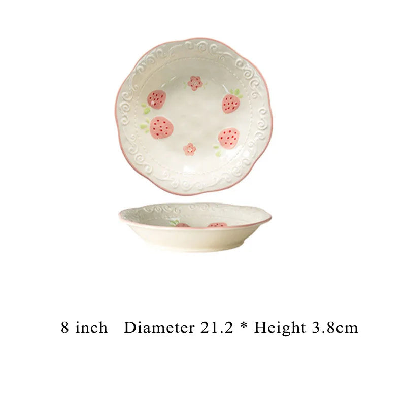 Relief Strawberry Print Ceramic Dish New Aesthetic Underglazed Colour Beautiful Kitchen Tableware Creative Pink Food Plates(Round)