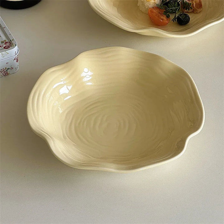 Simple Ruffled 8-Inch Ceramic Plate – Dimensional Relief Design Soup, Noodle, Fruit, Salad & Pasta Deep Bowl for Household Use