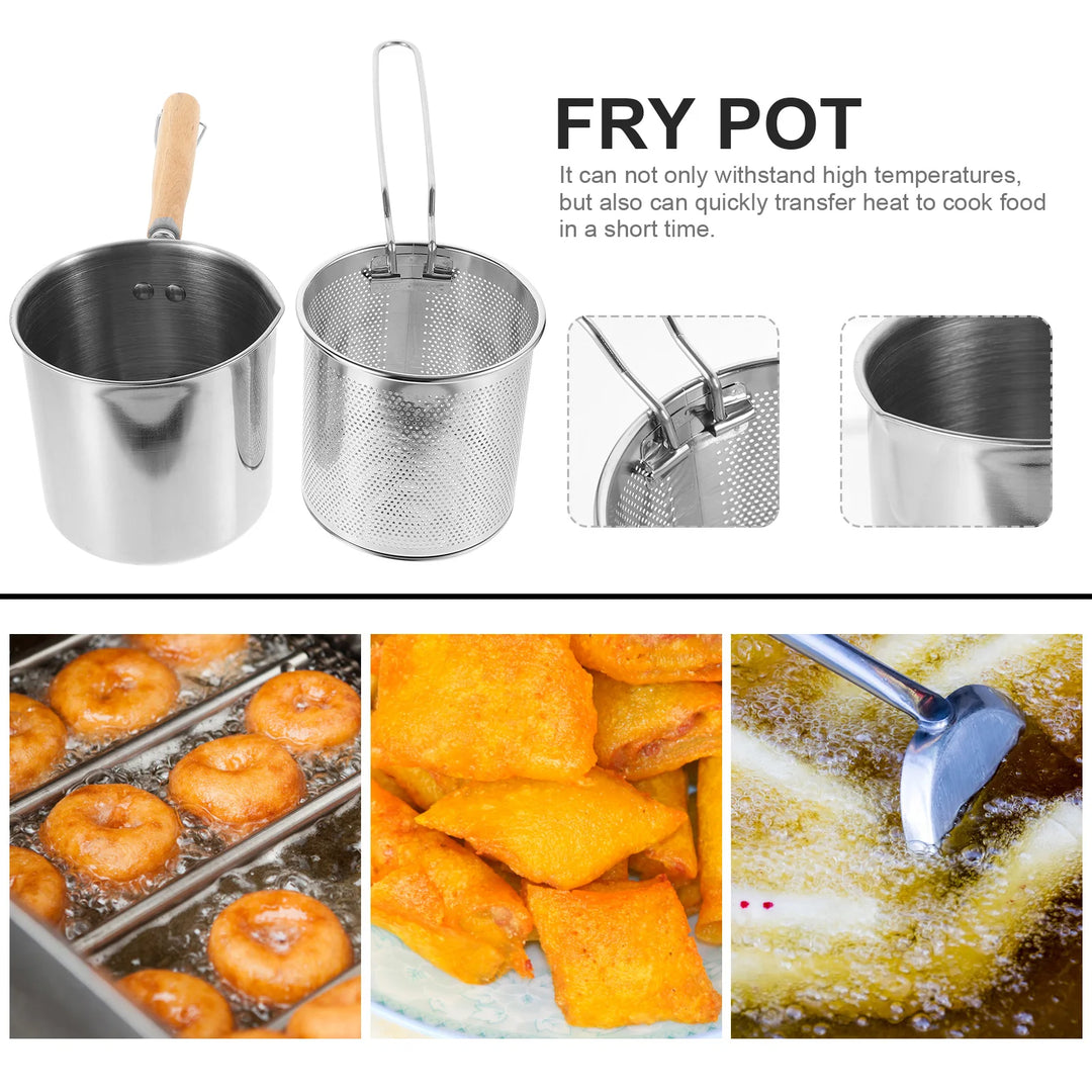 1 Set Stainless Steel Frying Pot With Basket Mini Deep Fryer Kitchenware Ergonomic Handle Heat Resistant Easy Clean