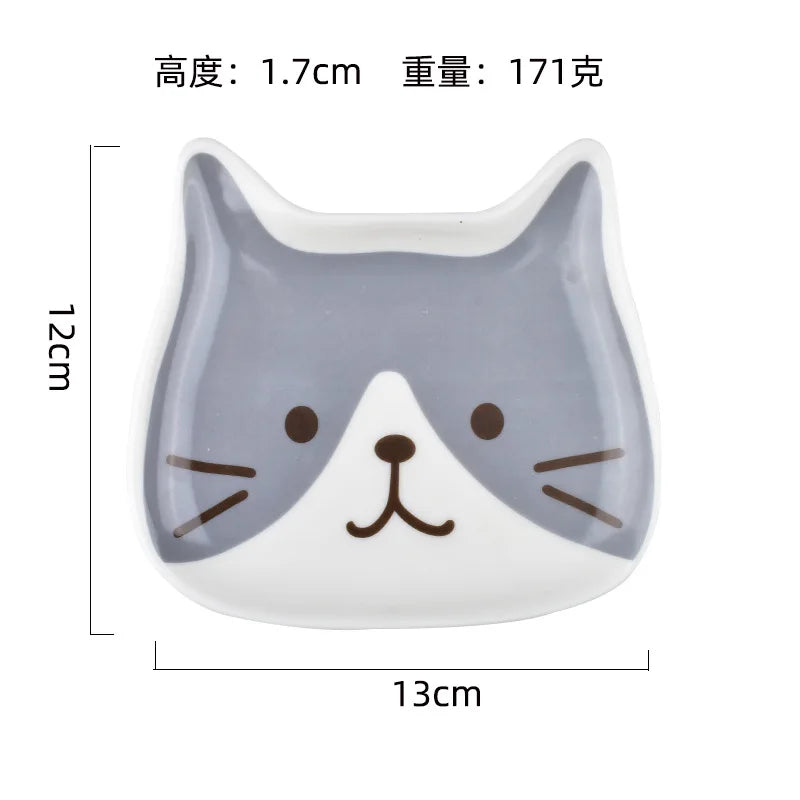 Ceramic Cartoon Cat Plate 6 Inches Cute Cat Face Snack Plate Children's Breakfast Cake Dish Home Kitchen Tableware(Grey)