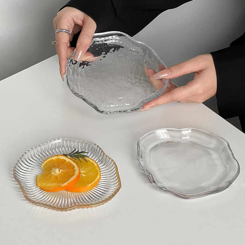 Creative Glass Condiment Dish Irregular Dip Saucer Household Simple Fruit Dessert Plate Afternoon Tea Pastry Disc