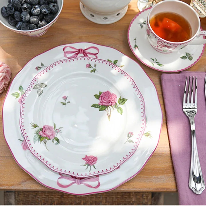 Dinner Plates Pastoral Style Flower Pattern Glazed Colorful Bone China Dinner Plate Decoration Plate-silver_8 inches