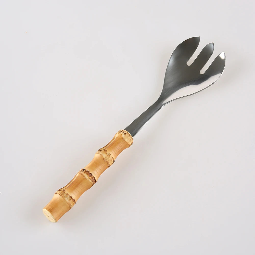 Kitchenware Tableware Cutlery Stainless Steel Wood Bamboo Root Handle Food Serving Salad Spork Server Fork Spoon