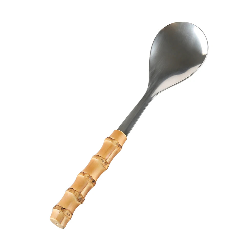 Kitchenware Tableware Cutlery Stainless Steel Wood Bamboo Root Handle Food Serving Salad Spork Server Fork Spoon