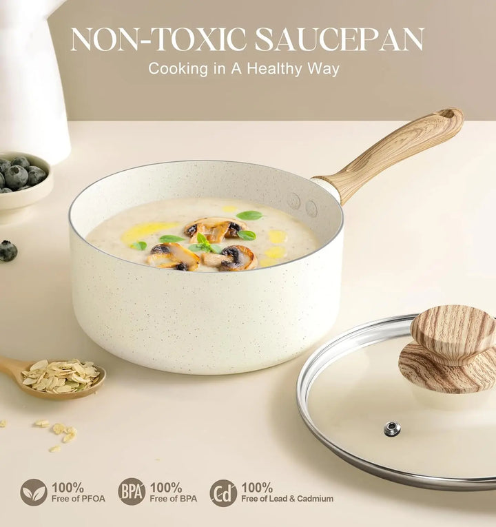 3QT Granite Coatings Nonstick Pan Home Cooking Soup Pot Dishwasher-Safe Milk Pot with Wooden Handle Kitchenware