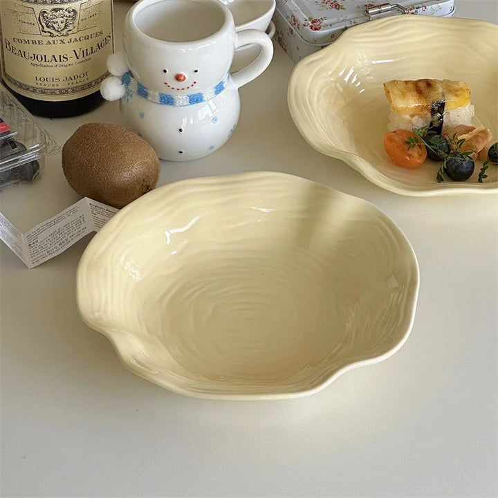 Simple Ruffled 8-Inch Ceramic Plate – Dimensional Relief Design Soup, Noodle, Fruit, Salad & Pasta Deep Bowl for Household Use