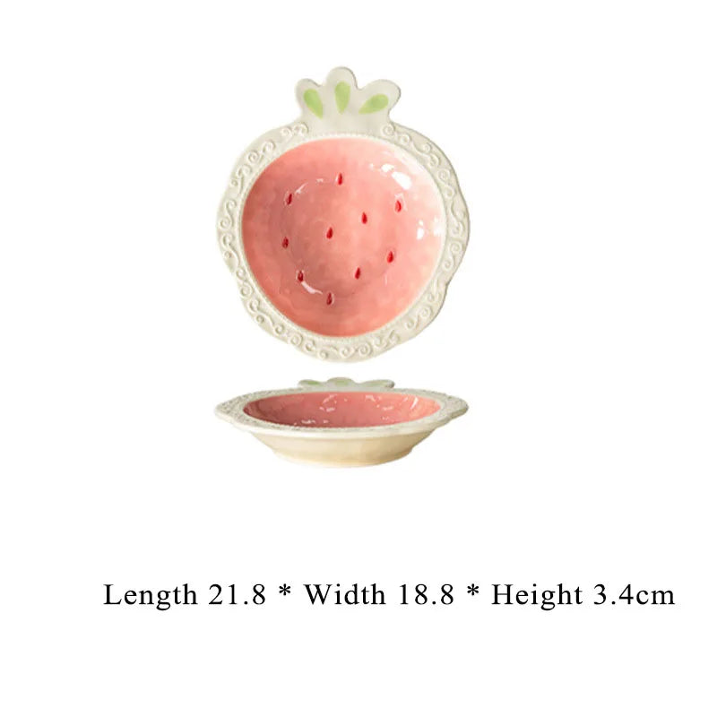 Relief Strawberry Print Ceramic Dish New Aesthetic Underglazed Colour Beautiful Kitchen Tableware Creative Pink Food Plates(Strawberry shape)