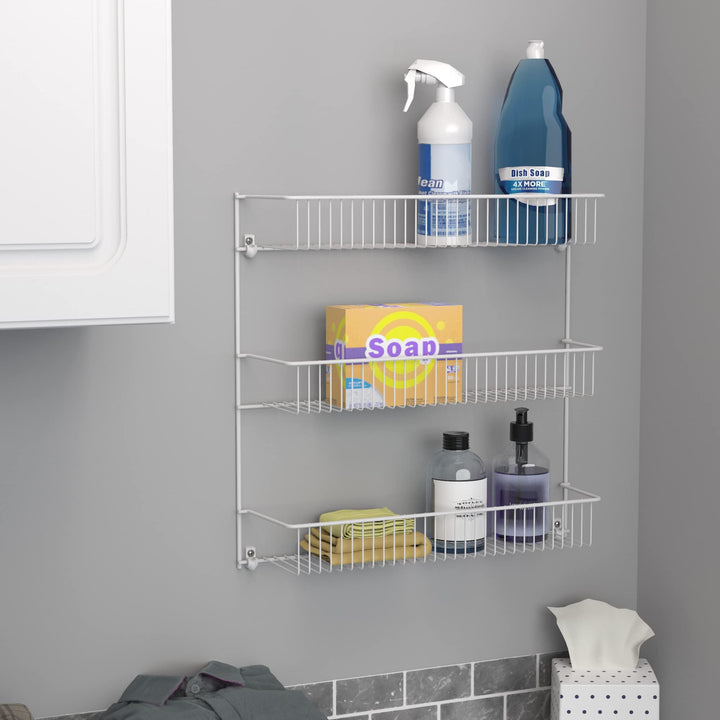 3-Tier Hanging Wall Mounted Metal Rack for Spices, Shelf Storage, Pantry Organization, Laundry, Kitchen, Bathroom, White, 18-Inch Wide