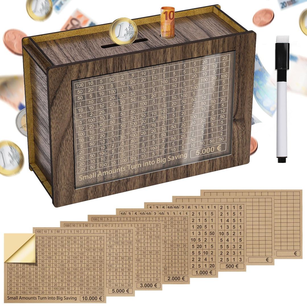 Alyvisun Wooden Stickers, Piggy 5000 Pound, Reusable Box with Counter Money Challenge Saving Bank Coin Cash Jar for Kids Adults 500-10000 DIY Target, Black Walnut, One Sizedults 500-10000 DIY Target, Brown, One Size
